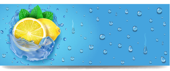 Lemons, ice cubes and water drop elements on blue background. Fresh lemonade or lemon beverage realistic banner - obrazy, fototapety, plakaty
