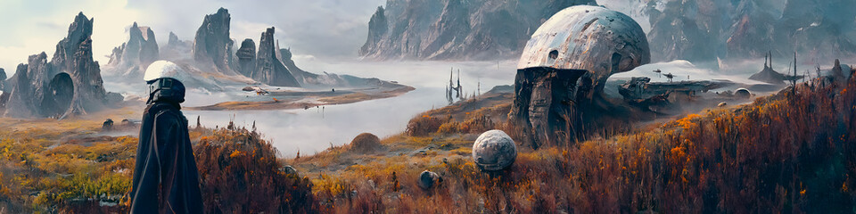 Artistic concept painting of a beautiful sci-fi landscape, with a future thing in the background. Tender and dreamy design, background illustration. - obrazy, fototapety, plakaty