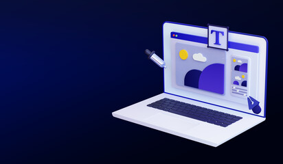 Web design development. Photo editing softwear on a laptop screen with modify  Freelance work concept. Creative process. 3d rendering ux ui
