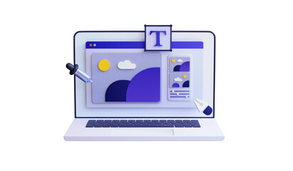 Web design development. Photo editing softwear on a laptop screen with modify  Freelance work concept. Creative process. 3d rendering ux ui