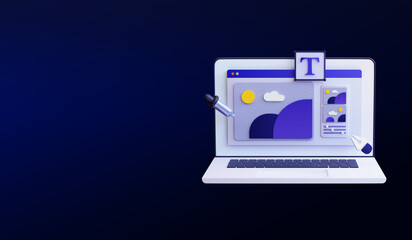 Web design development. Photo editing softwear on a laptop screen with modify  Freelance work concept. Creative process. 3d rendering ux ui