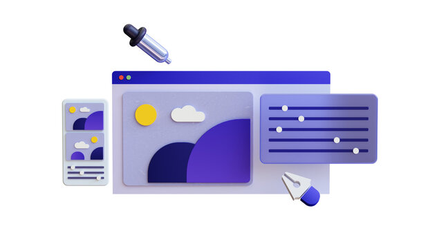 Web design development. Freelance work concept. Creative process. 3d rendering ux ui