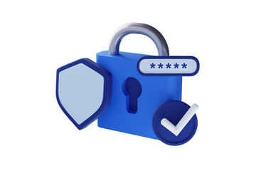 Banner with cyber security 3d render illustration of a shield with padlock. User Account protection on white background