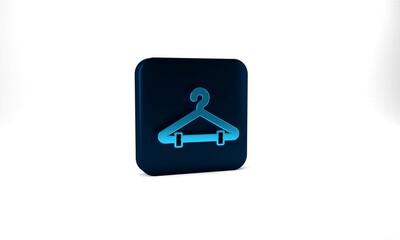 Blue Hanger wardrobe icon isolated on grey background. Cloakroom icon. Clothes service symbol. Laundry hanger sign. Blue square button. 3d illustration 3D render