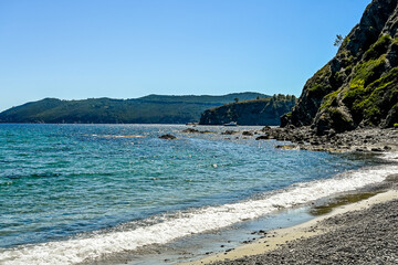 Capoliveri, Norsi, Elba, Bucht, Strand, Badestrand, Golfo Stella, Capo Norsi, Felsen, Küste, Insel, Segelschiffe, Wassersport, Toskana, Toskanischer Archipel, Sommer, Italien