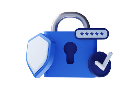 Banner with cyber security 3d render illustration of a shield with padlock. User Account protection on white background