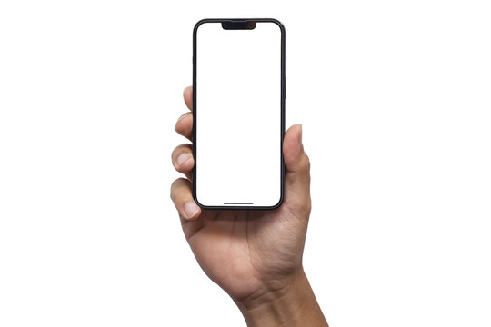 iPhone mockup on Hand holding the PNG of smartphone iphone14 with blank screen and modern frameless design, hold Mobile phone on transparent background, app design : Bangkok, Thailand - July 13, 2022	