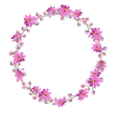 Round wreath of natural purple flowers isolated on white background.