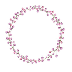 Round wreath of natural purple flower buds isolated on white background.