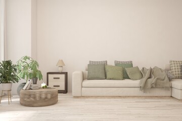 Modern living room in white color with sofa. Scandinavian interior design. 3D illustration