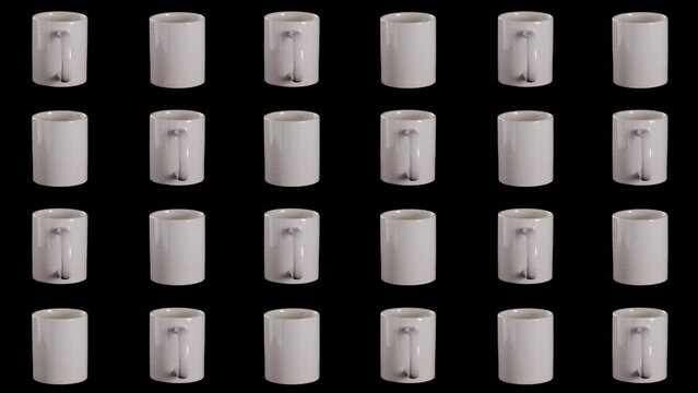 mockup of rotating white mugs on a black background