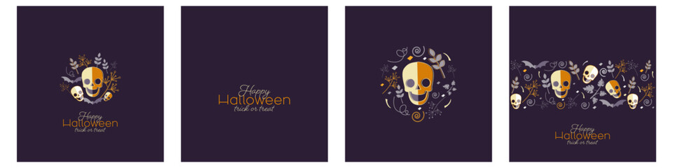 Happy Halloween card set. Flat vector illustration.