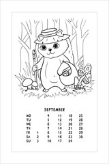 Little Hedgehog collects mushrooms. Camping in the woods. Coloring book for children. Vector illustration isolated on white background. Calendar, September.