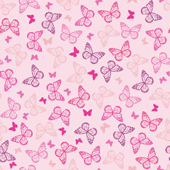 Colorful silhouettes of butterflies on a calm pink background. Insects. Seamless doodle summer pattern. Suitable for packaging, textile, wallpaper, phone case.