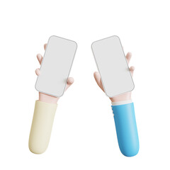 Mobile phone mockup with empty white screen in the hand cartoon style. 3d illustration.