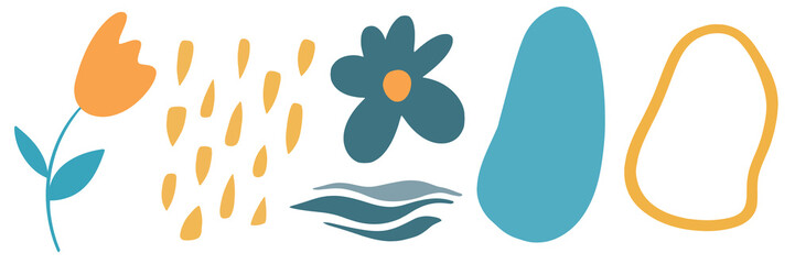 Abstract set of spots and flowers. Irregular shapes and figures. Hand drawn. Isolated on white background.