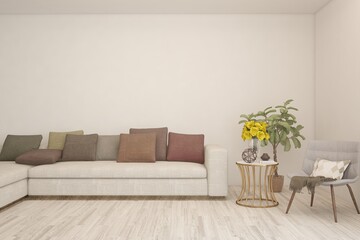 White living room with sofa. Scandinavian interior design. 3D illustration