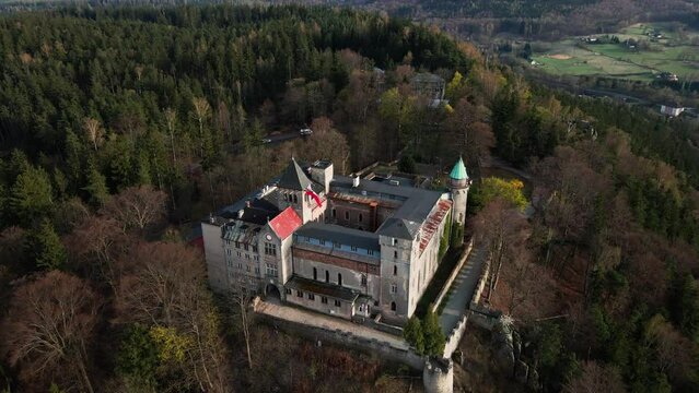 Aerial view of Lesna Skala Castle in Szczutna, Poland. Old fortress among forest in Europe