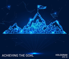 Obraz premium Hologram achievement of the goal. A mountain with a flag of polygons, triangles of points and lines. Achieving the goal of a low-poly compound structure. Technology concept.