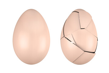 3d render of a chicken egg and egg with broken shell isolated on a white background.