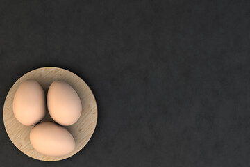 3d render of three chicken eggs on a round wooden board on a black background.