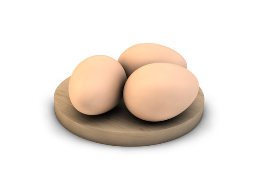 3d render of three chicken eggs on a round wooden board isolated on a white background.