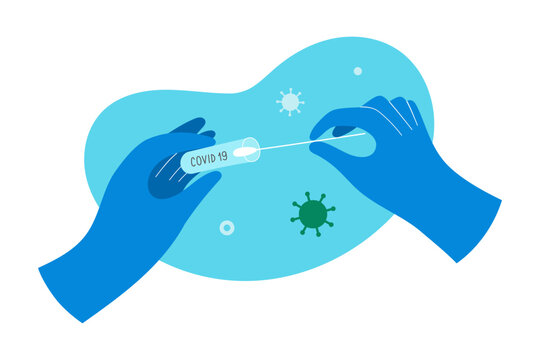 Holding A Rapid Covid Test Tube In Hands With Gloves, Medical Doctor Holding Testing Kit For Coronavirus, Opening A Jar With Nasal Cotton Swab For Collecting Specimen, Vector Illustration