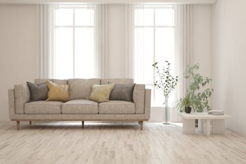 White living room with sofa. Scandinavian interior design. 3D illustration