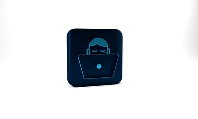 Blue Freelancer icon isolated on grey background. Freelancer man working on laptop at his house. Online working, distant job concept. Blue square button. 3d illustration 3D render