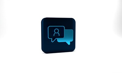 Fototapeta premium Blue Speech bubble chat icon isolated on grey background. Message icon. Communication or comment chat symbol. Blue square button. 3d illustration 3D render