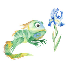 Cute iguana and blue iris isolated on white background. Watercolor hand drawn illustration.