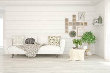 White living room with sofa. Scandinavian interior design. 3D illustration