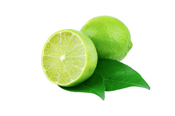 Lime with slices half and leaves isolated on white background. Green citrus fruit. with clipping path