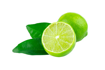 Lime with slices half and leaves isolated on white background. Green citrus fruit. with clipping path