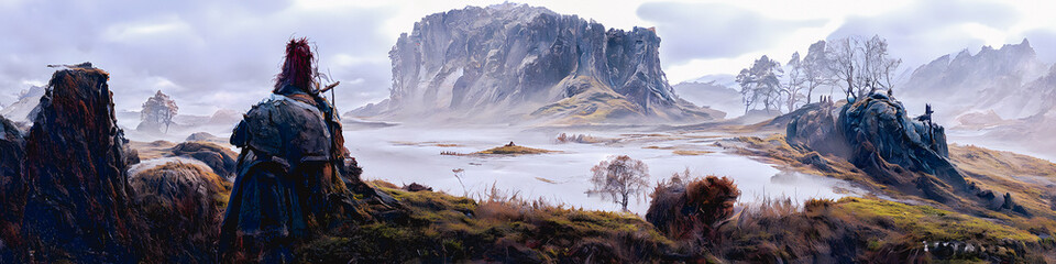 Artistic concept painting of a beautiful sci-fi landscape, with a future thing in the background. Tender and dreamy design, background illustration. © 4K_Heaven