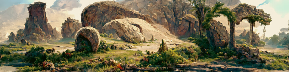 Artistic concept painting of a beautiful sci-fi landscape, with a future thing in the background. Tender and dreamy design, background illustration. © 4K_Heaven