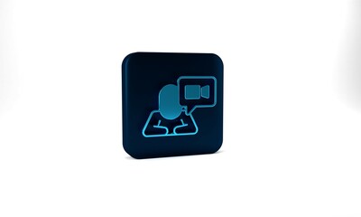 Blue Video chat conference icon isolated on grey background. Online meeting work form home. Remote project management. Blue square button. 3d illustration 3D render