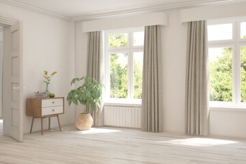 White empty room with summer landscape in window. Scandinavian interior design. 3D illustration