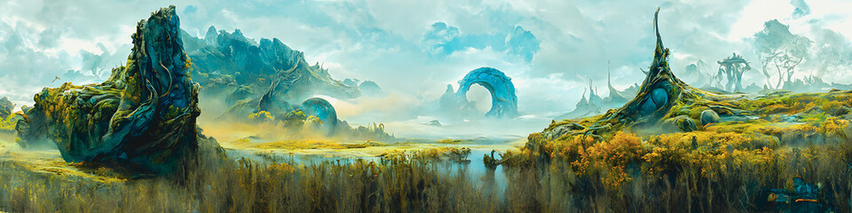 Artistic concept painting of a beautiful sci-fi landscape, with a future thing in the background. Tender and dreamy design, background illustration. - obrazy, fototapety, plakaty
