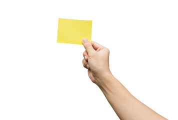 Hand holding yellow paper isolated on white with clipping path.