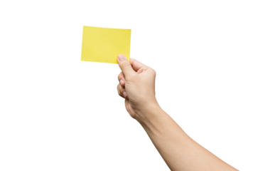 Hand holding yellow paper isolated on white with clipping path.