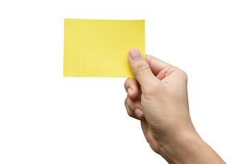 Hand holding yellow paper isolated on white with clipping path.