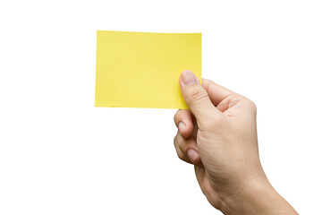 Obraz premium Hand holding yellow paper isolated on white with clipping path.