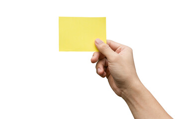 Hand holding yellow paper isolated on white with clipping path.