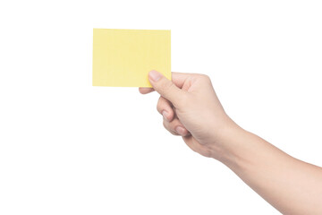Obraz premium Hand holding yellow paper isolated on white with clipping path.