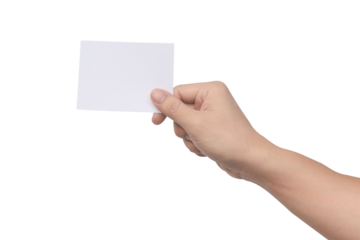 Hand holding white paper isolated on white with clipping path.