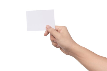Hand holding white paper isolated on white with clipping path.