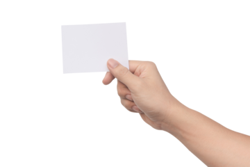 Hand holding white paper isolated on white with clipping path.