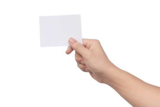 Hand holding white paper isolated on white with clipping path.