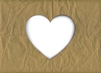 Crumpled brown paper background with heart shaped cutout and space for text. EPS10 vector format.